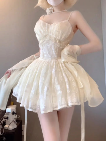 French Ball Gown Spaghetti Straps Holiday Dress White Birthday Dresses Birthday Outfits SD1291